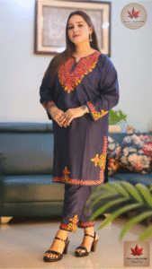 Navy Blue Kashmiri Aari Embroidered Co-ord Set - Size 44