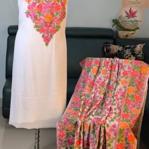 White Georgette Dress Material with Full Multi-Color Aari Dupatta