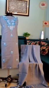 Grey & Blue Kashmiri Aari Dress Material with Cotton Dupatta