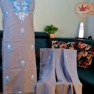 Grey & Blue Kashmiri Aari Dress Material with Cotton Dupatta
