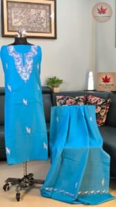 Bright Blue Kashmiri Aari Dress Material with Cotton Dupatta
