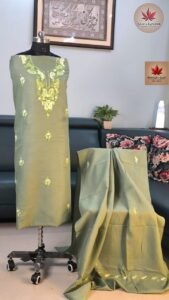 Olive Green & Lime Aari Dress Material with Cotton Dupatta