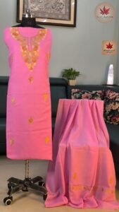Rose Pink & Gold Aari Dress Material with Cotton Dupatta