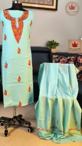 Aqua & Saffron Kashmiri Aari Dress Material with Cotton Dupatta