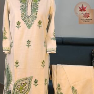 Cream Co-ord Set (Size 40) | Green Leaf Aari Work