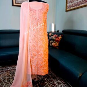 Fine Georgette Dress Material | Peach & Coral Aari Work