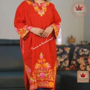 Woolen Pherons – Deep Red with Multicolor Kashmiri Embroidery