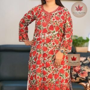 Georgette Aari Work Kurti – Ivory with Red Floral Embroidery