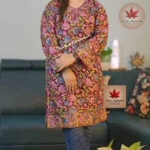 Georgette Aari Work Kurti – Wine Purple with Multicolor Floral Embroidery