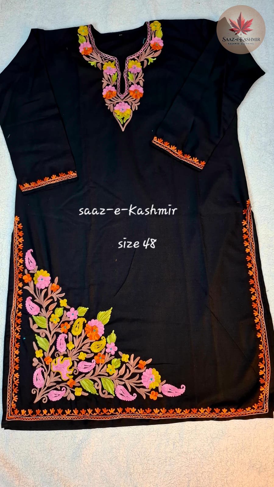 Black Summer Cotton Kurti – Multicolor Kashmiri Aari Work (Size 48)