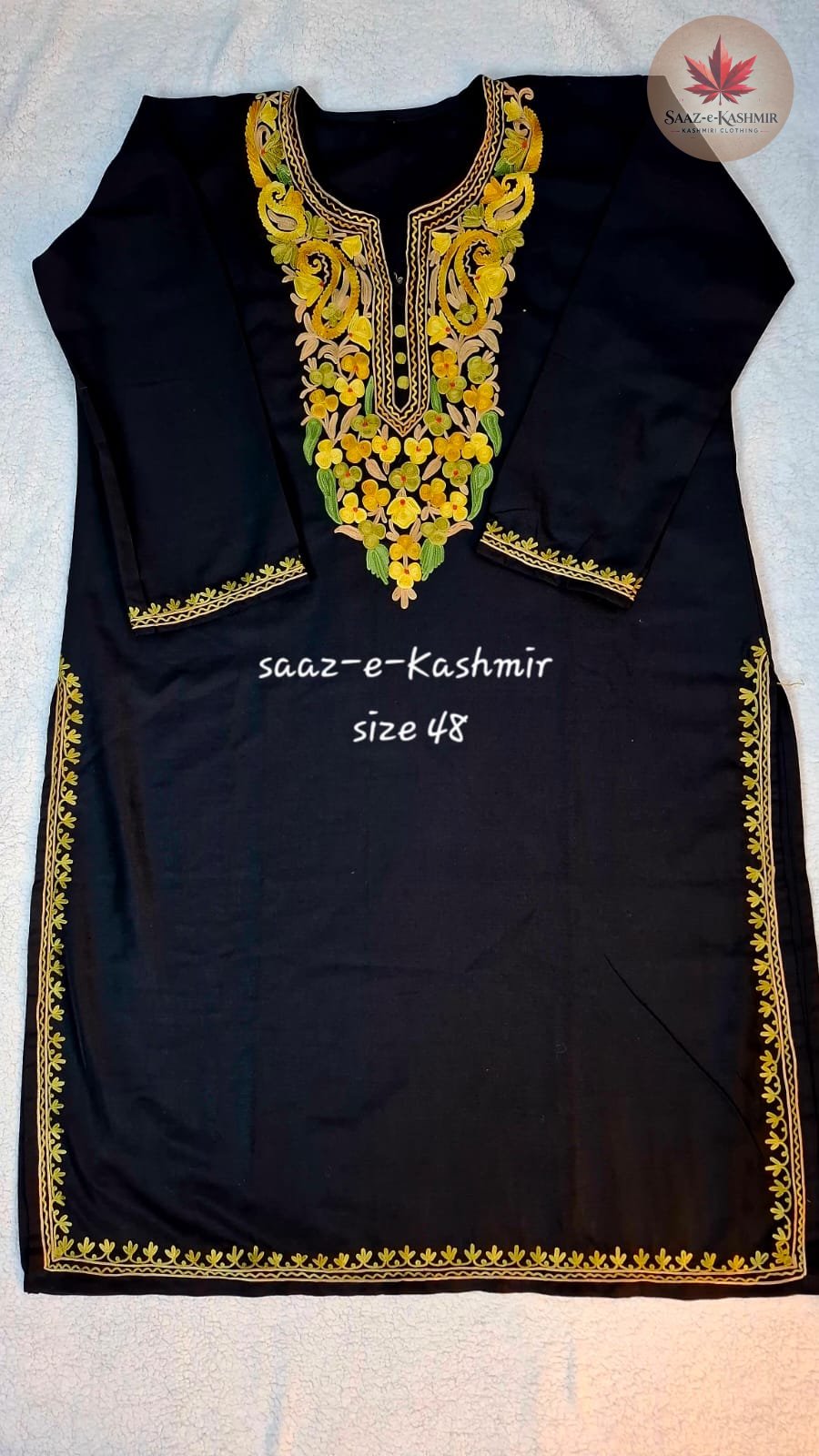 Black Summer Cotton Kurti – Kashmiri Aari Work (Size 48)