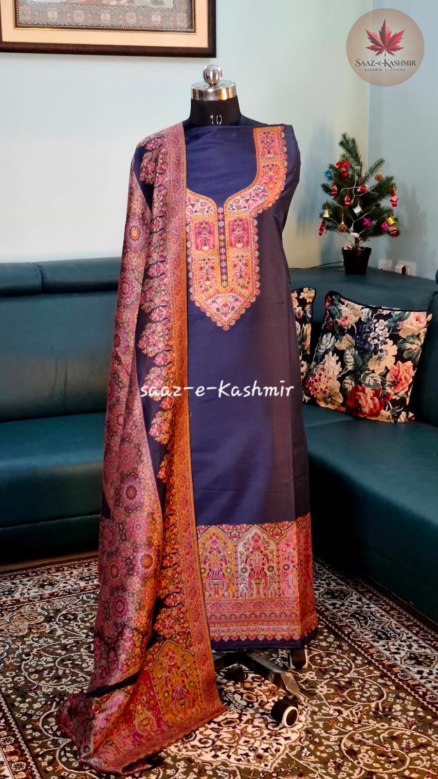 Midnight Blue Kani Silk Suit – Kashmiri Heritage Weave