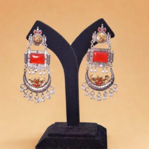 Oxidized Silver Long Danglers with Red Stone & Pearl Drops