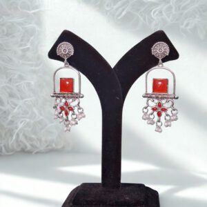 Ruby Red Oxidized Stone Pearl Danglers