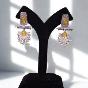 Oxidized Silver Pearl Dangler Earrings with Yellow Stone