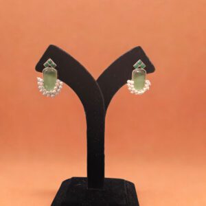 Light Green Stone Stud Earrings with Pearl Detailing