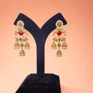 Gold Danglers with Red & Green Stone and Pearl Drops