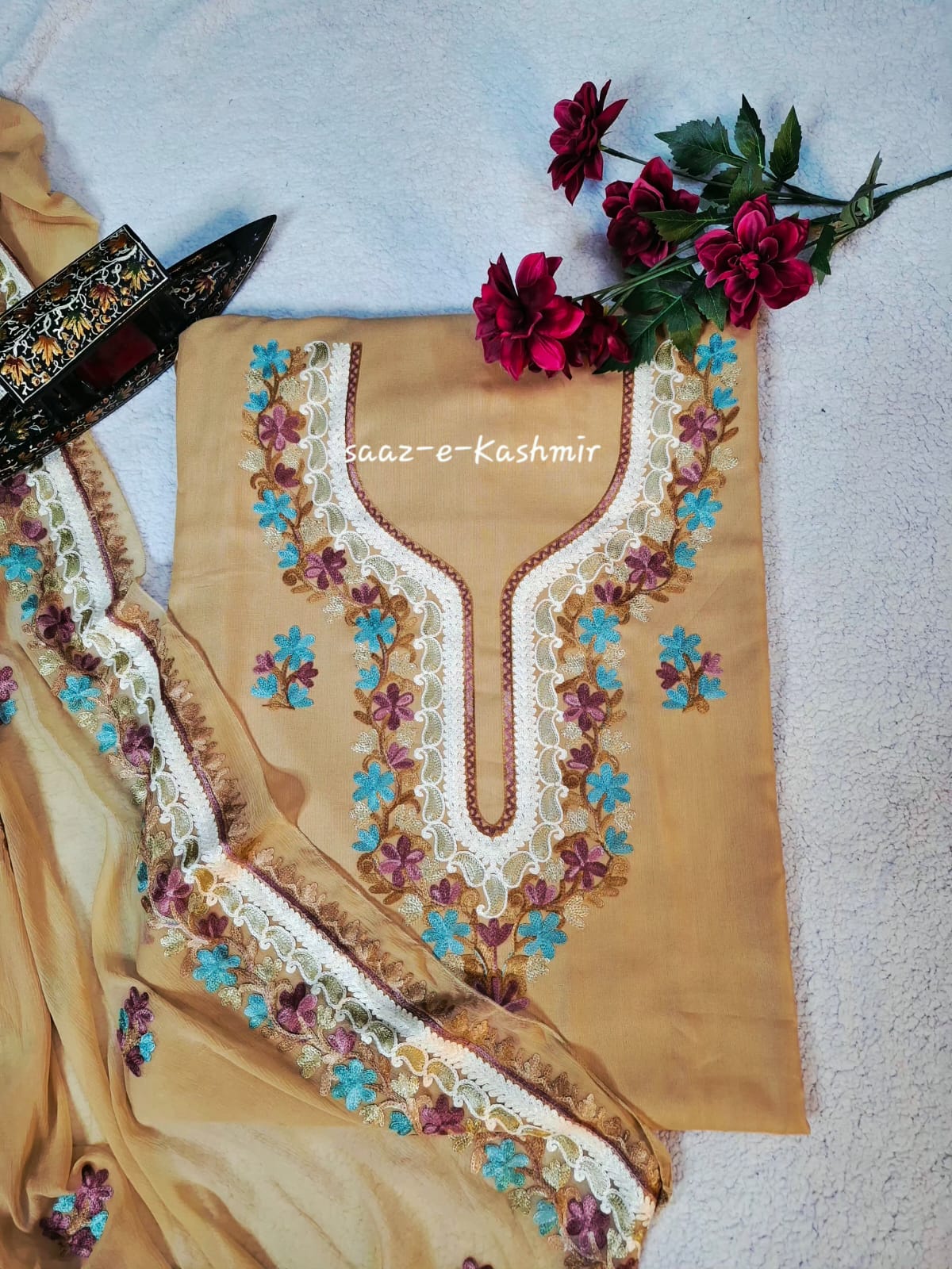 Beige Gold Rayon 3-Piece Kashmiri Aari Suit with Chiffon Dupatta
