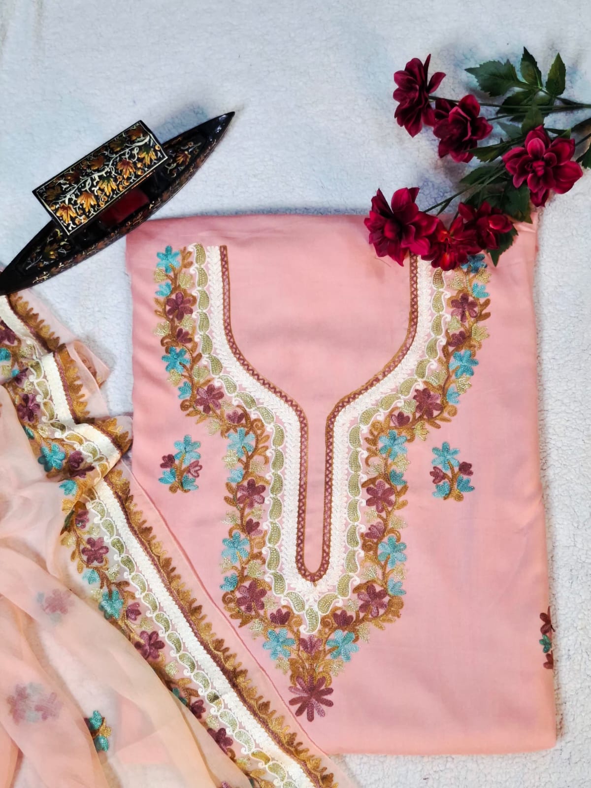 Peach Pink Rayon 3-Piece Kashmiri Aari Suit with Chiffon Dupatta