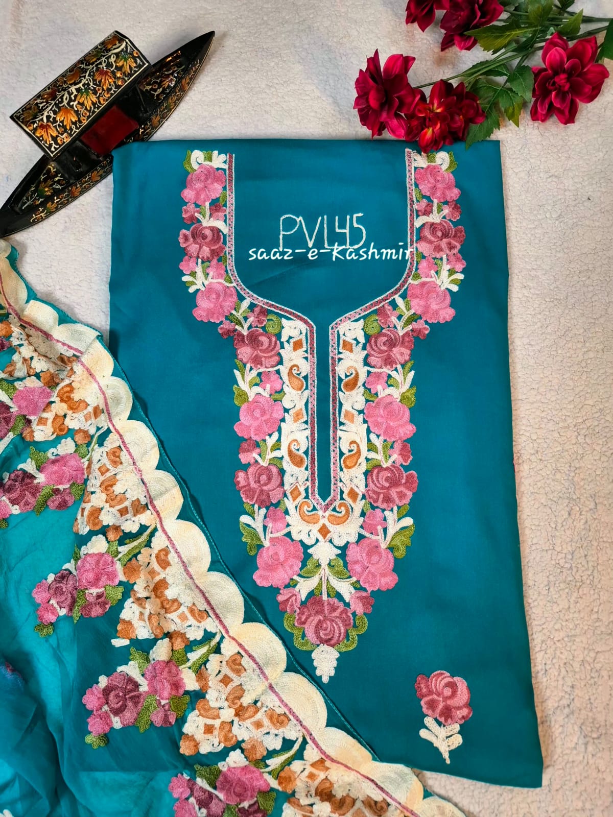 Teal Blue Rayon 3-Piece Kashmiri Aari Suit with Chiffon Dupatta