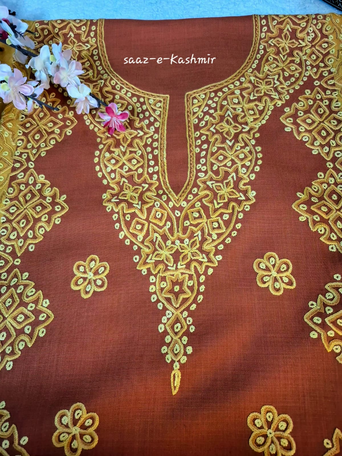 Mustard & Maroon Kashmiri Aari Work Ruby Cotton Suit – 2 Piece Set