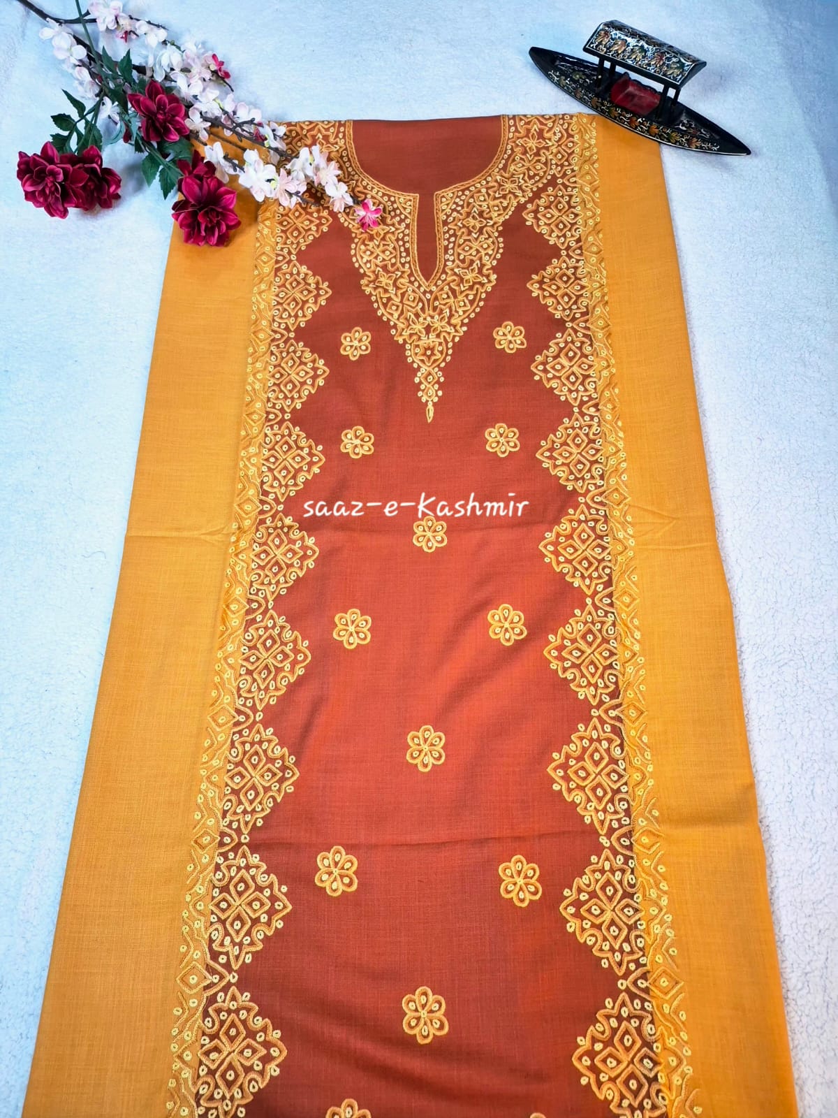 Mustard & Crimson Red Kashmiri Aari Work Ruby Cotton Suit – 2 Piece Set