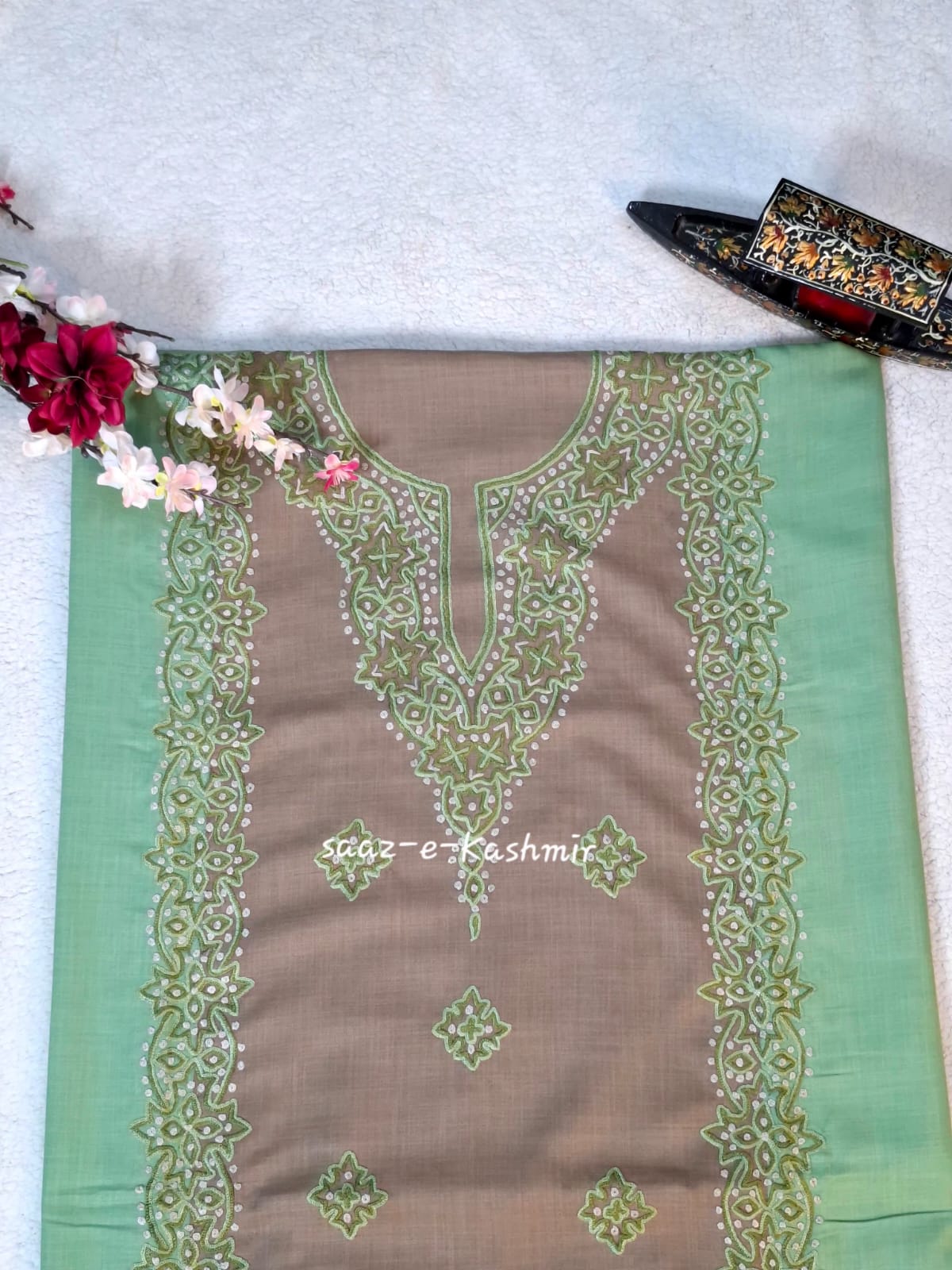 Taupe & Mint Kashmiri Aari Work Ruby Cotton Suit – 2 Piece Set