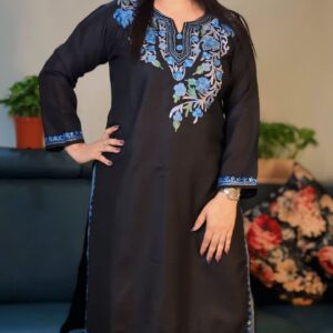 Black Ruby Cotton Kurti with Blue Floral Aari Embroidery