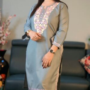 Grey Ruby Cotton Kurti with Pastel Aari Embroidery