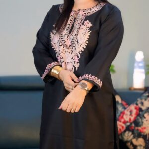 Black Ruby Cotton Kurti with Rose Pink Aari Embroidery
