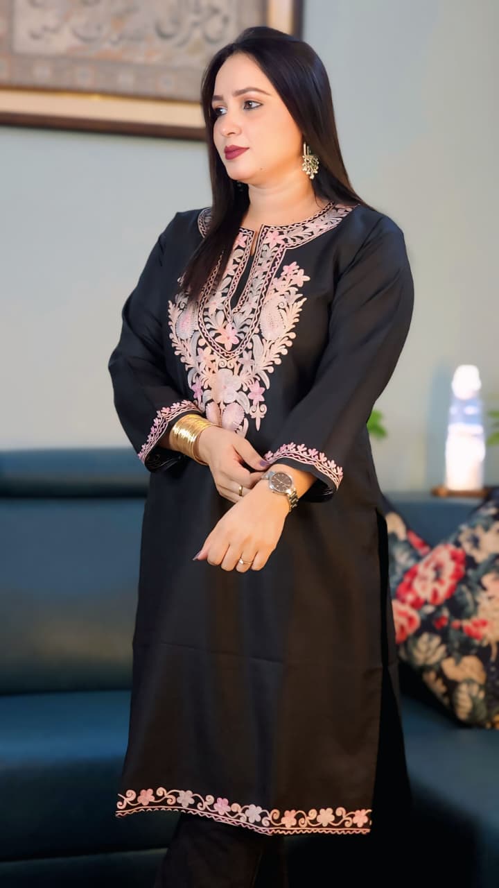 Black Ruby Cotton Kurti with Rose Pink Aari Embroidery