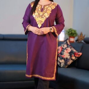 Purple Ruby Cotton Kurti with Gold Aari Work