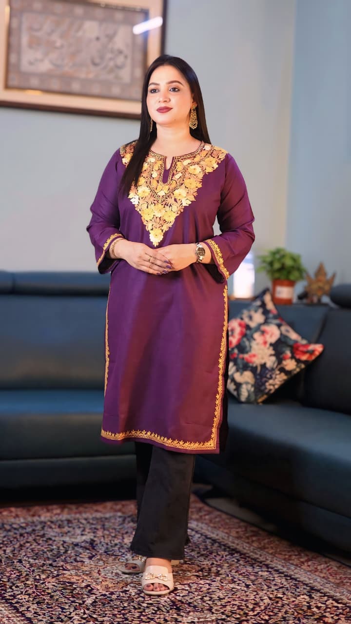 Purple Ruby Cotton Kurti with Gold Aari Work