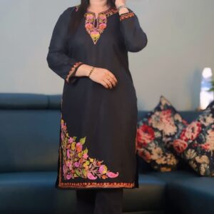 Black Ruby Cotton Kurti with Multi-Color Asymmetrical Aari Work