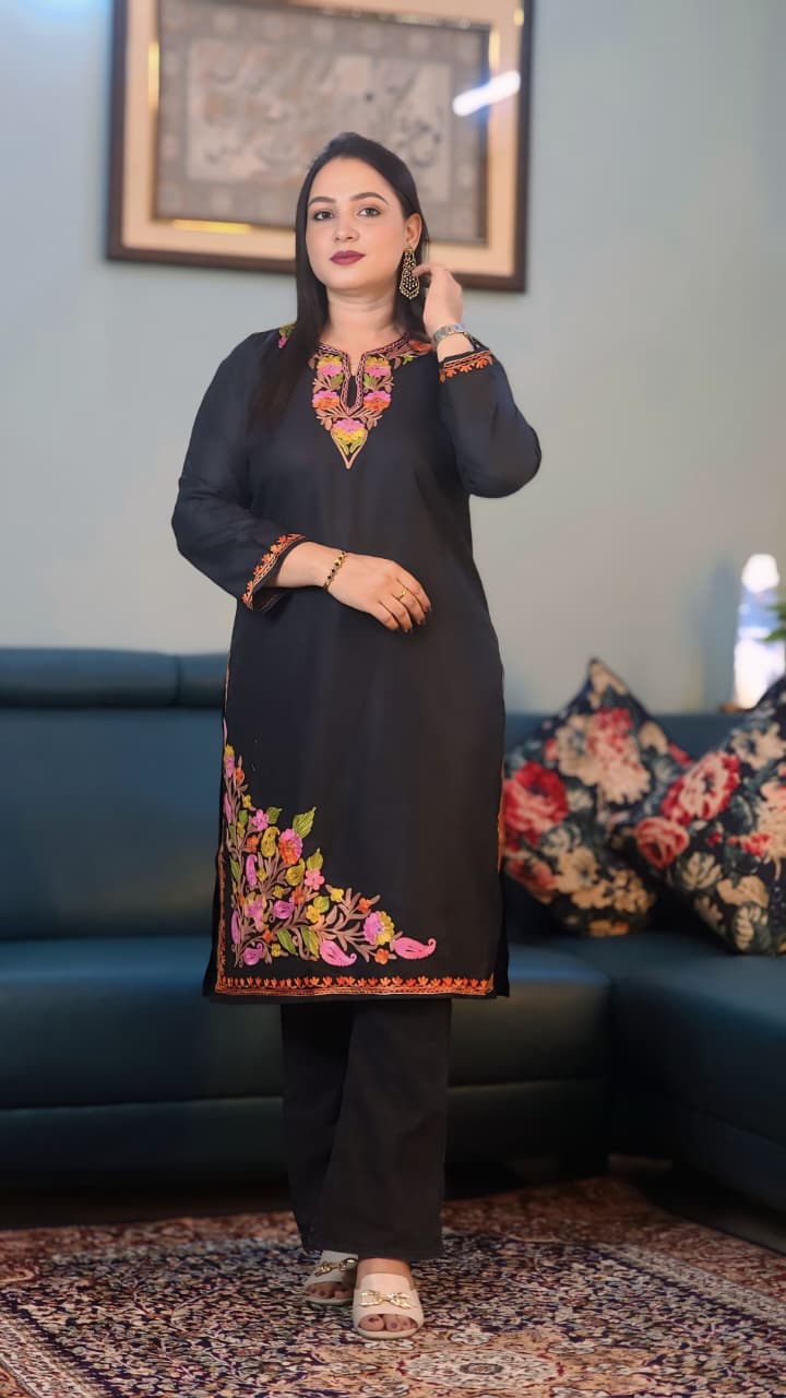 Black Ruby Cotton Kurti with Multi-Color Asymmetrical Aari Work