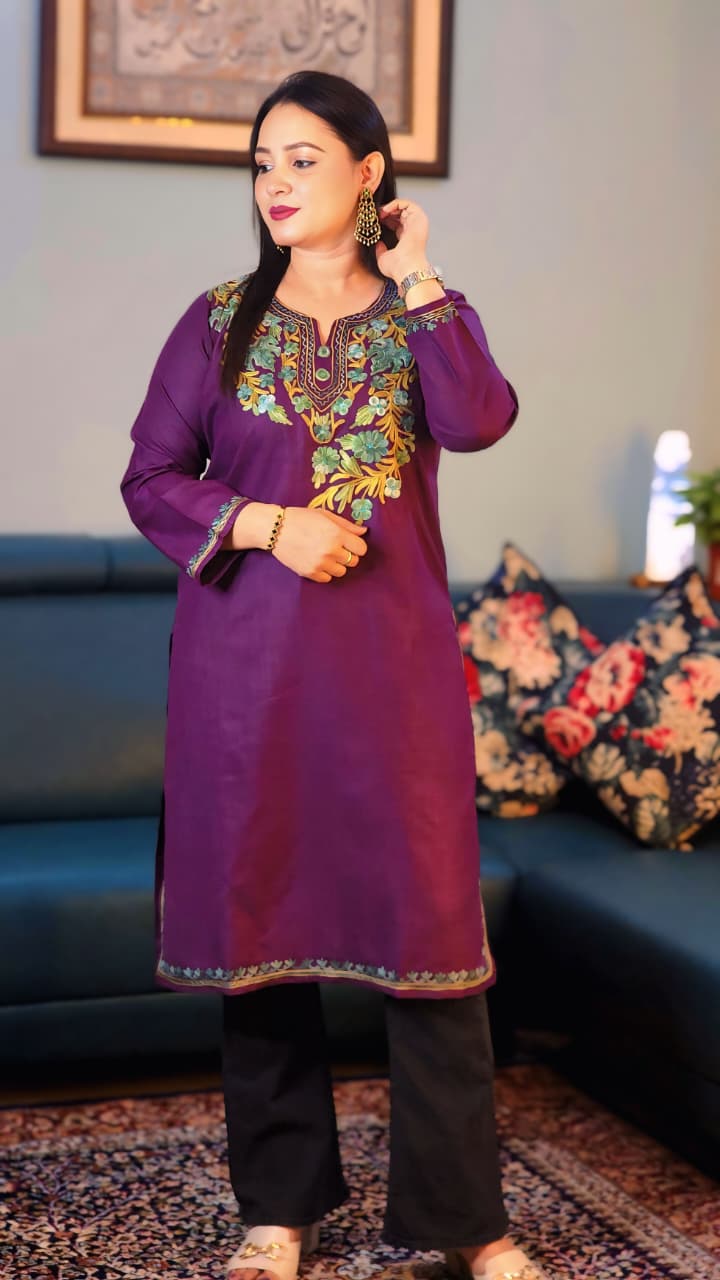 Magenta Purple Ruby Cotton Kurti with Teal & Green Aari Work