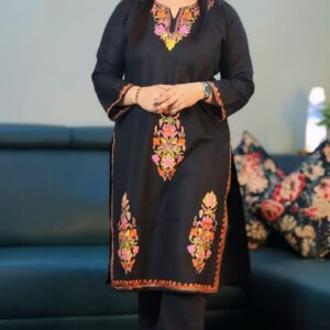 Black Ruby Cotton Kurti with Sunset Floral Aari Work