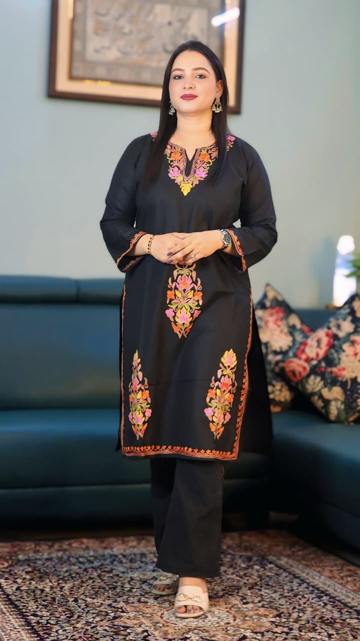 Black Ruby Cotton Kurti with Sunset Floral Aari Work