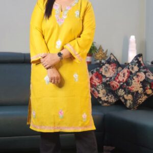 Sunshine Yellow Ruby Cotton Kurti with Pastel Floral Aari Work