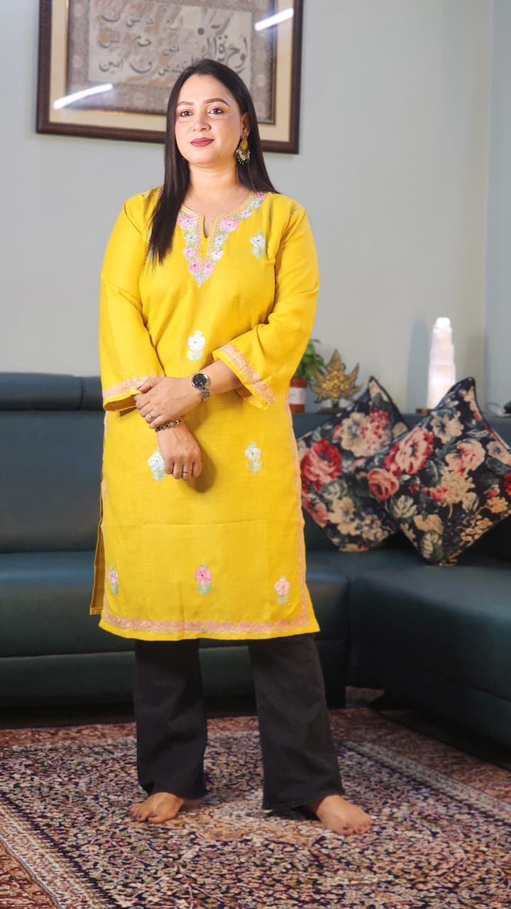 Sunshine Yellow Ruby Cotton Kurti with Pastel Floral Aari Work