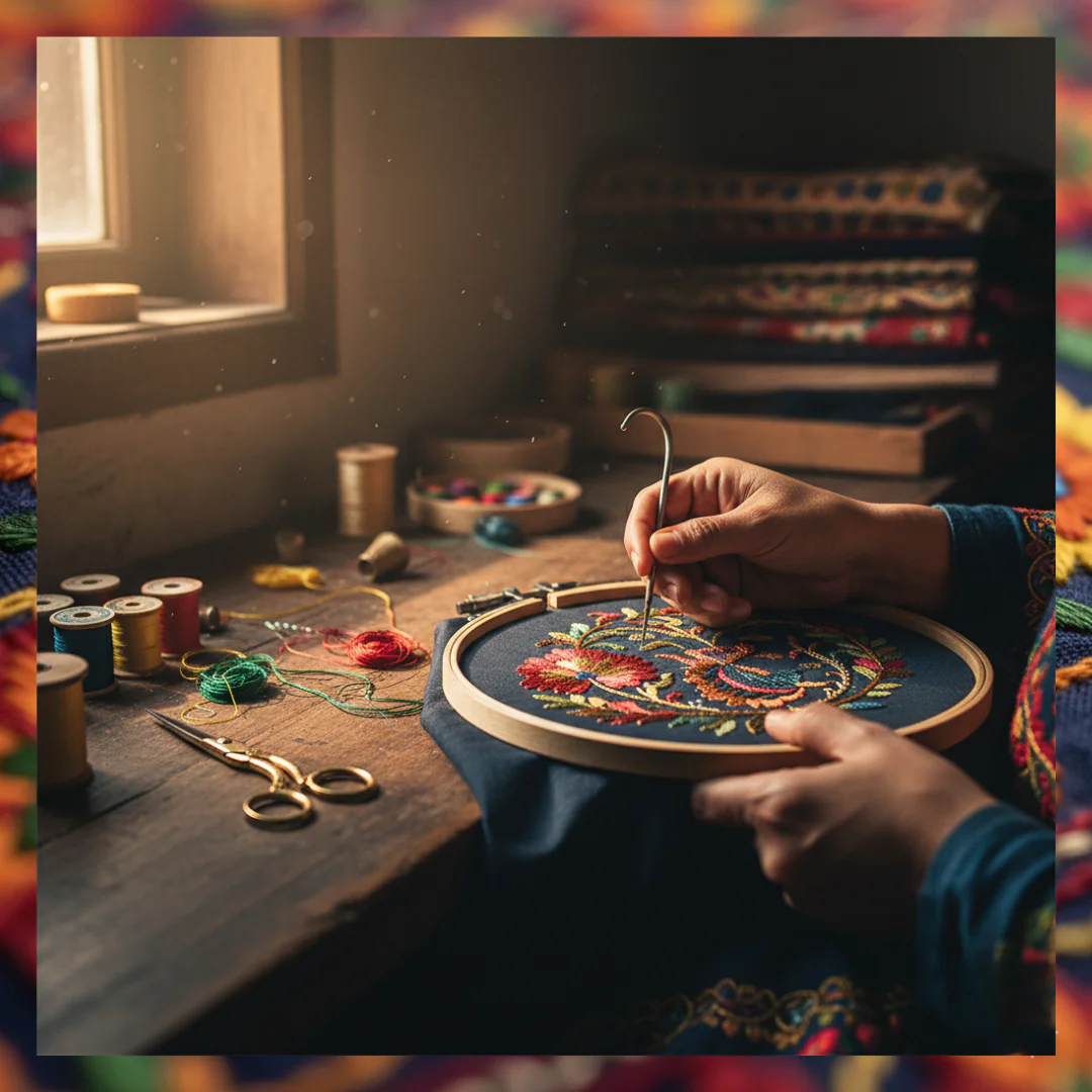 Saaz E Kashmir handcrafted Kani silk suit with traditional Kashmiri embroidery