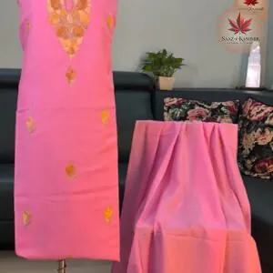 Rose Pink & Gold Aari Dress Material with Cotton Dupatta