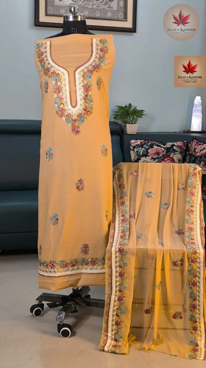 Mustard Aari Rayon Dress Material with Chiffon Dupatta
