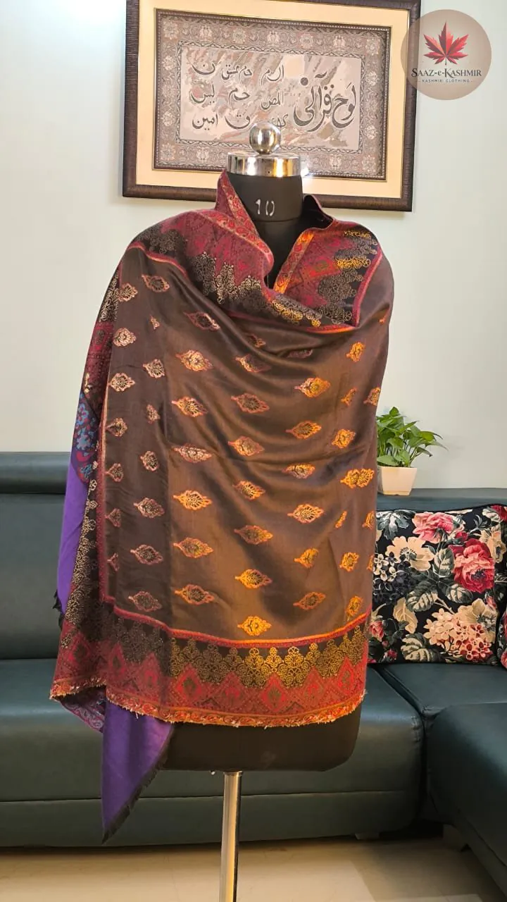 Saaz E Kashmir maroon Kani silk suit with rich Kashmiri craftsmanship