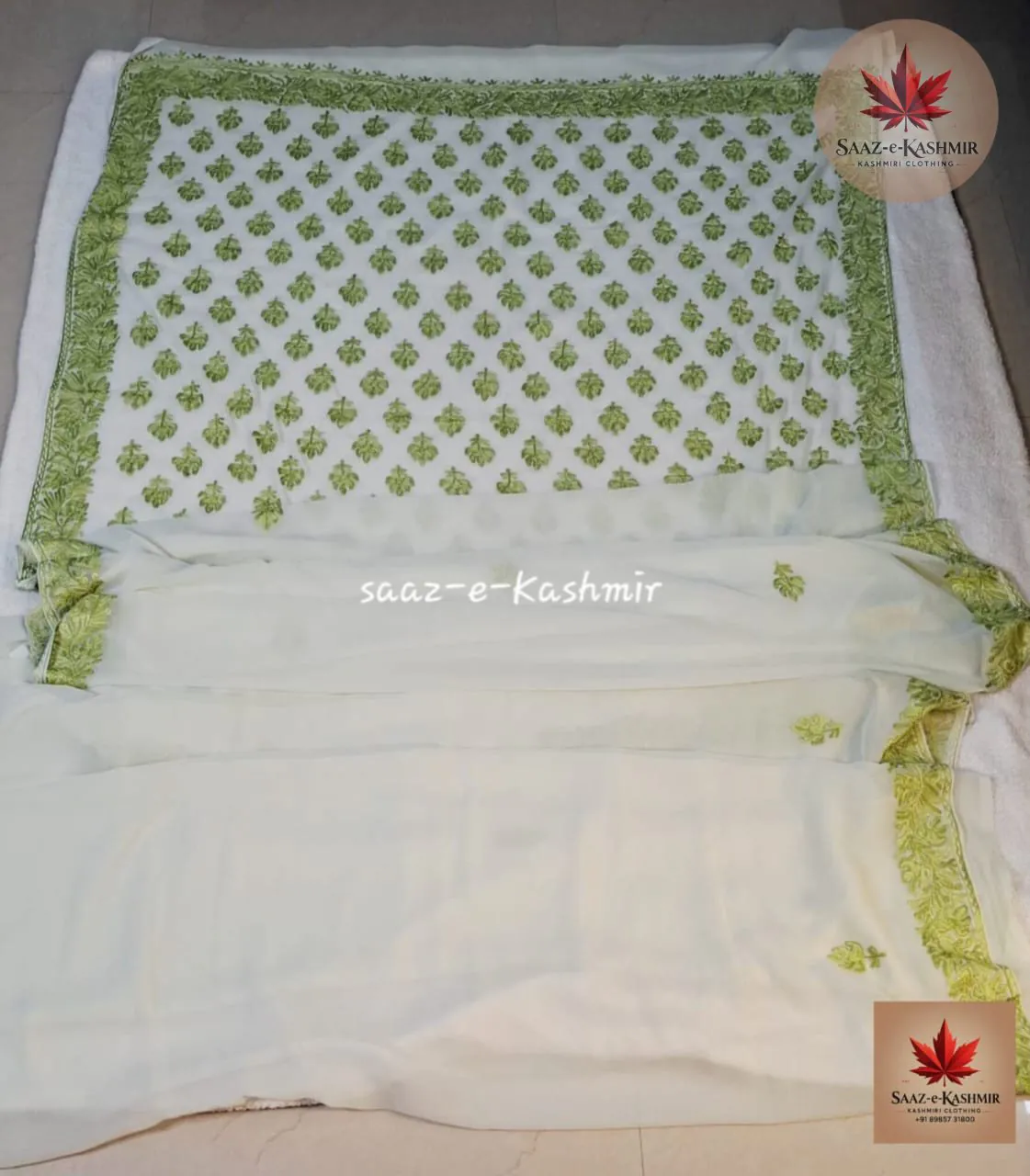 Olive green Kashmiri silk suit with traditional embroidery work