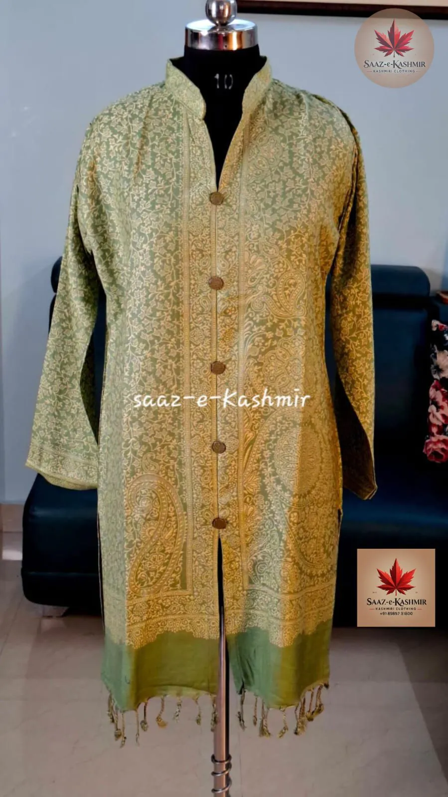 Olive green Kashmiri silk suit with traditional embroidery work