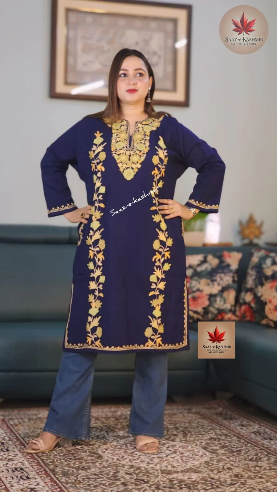 Blue Kashmiri Aari embroidered co-ord set for women