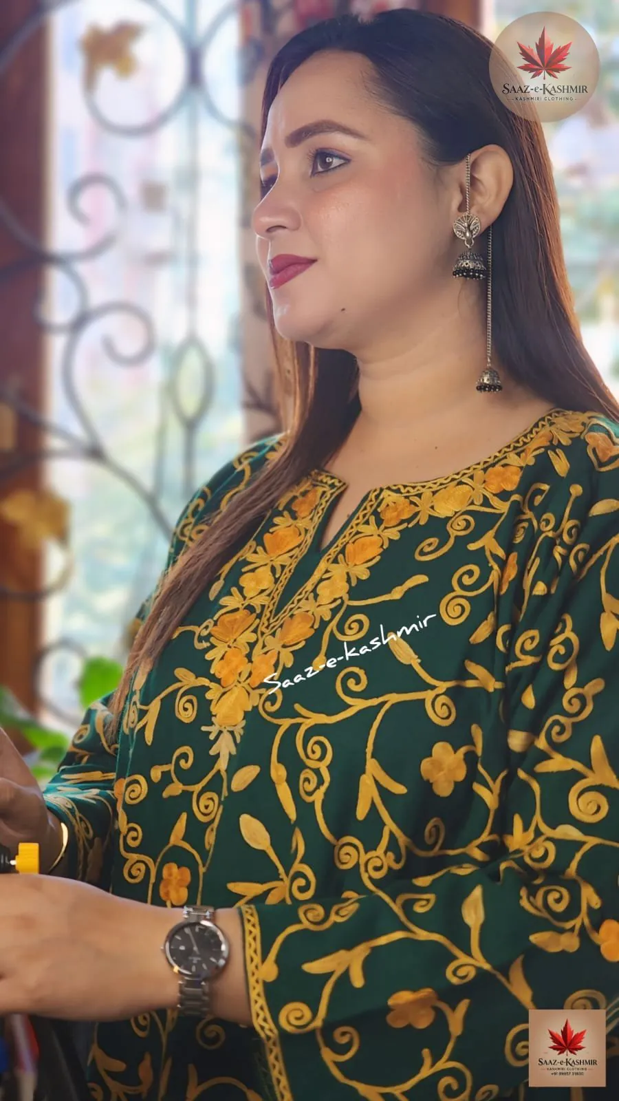 Olive green Kashmiri silk suit with traditional embroidery work