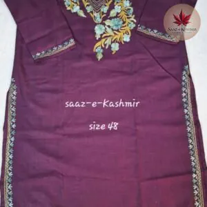 Handcrafted purple silk suit featuring traditional Kashmiri design work