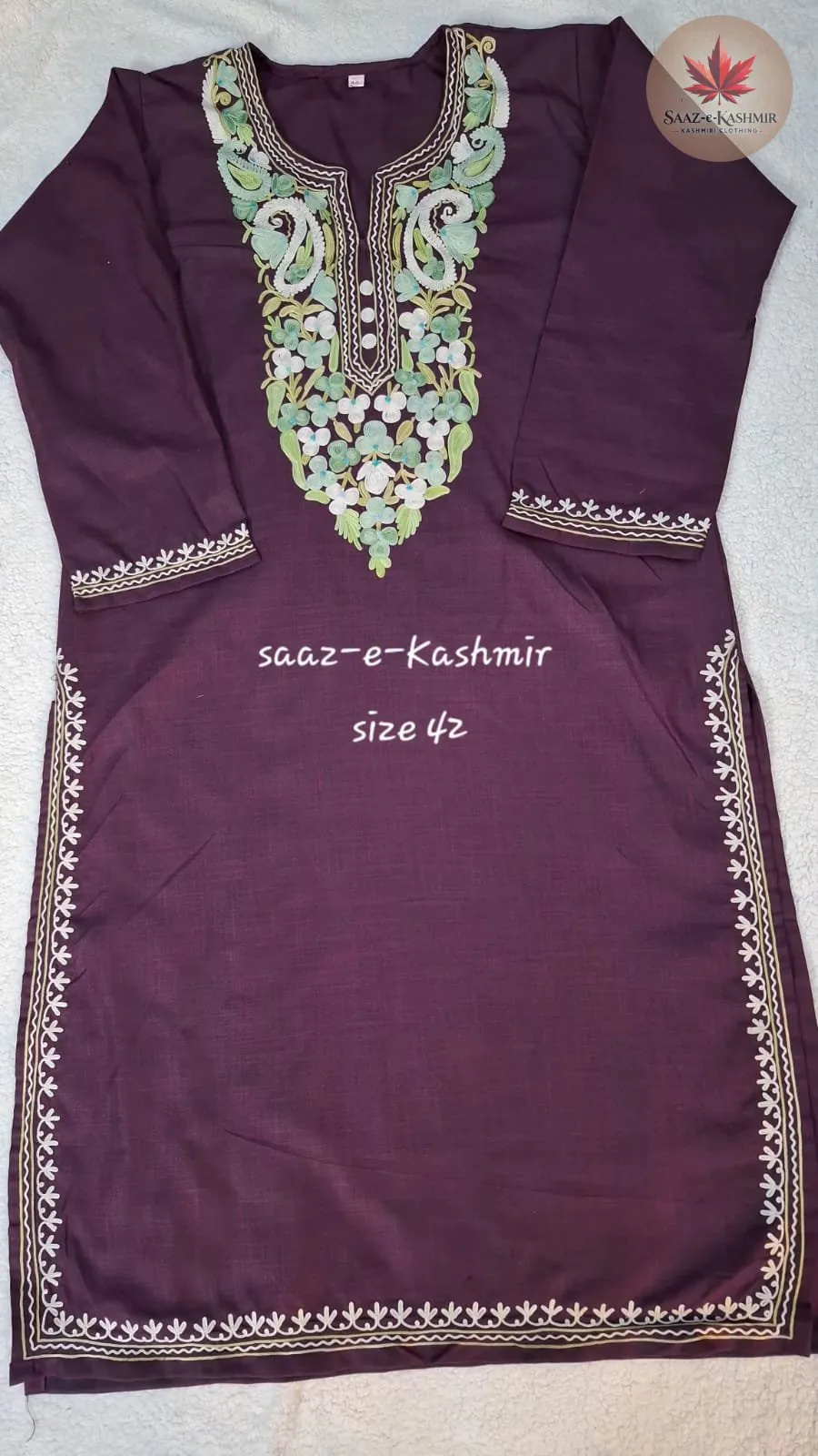 Handcrafted purple silk suit featuring traditional Kashmiri design work